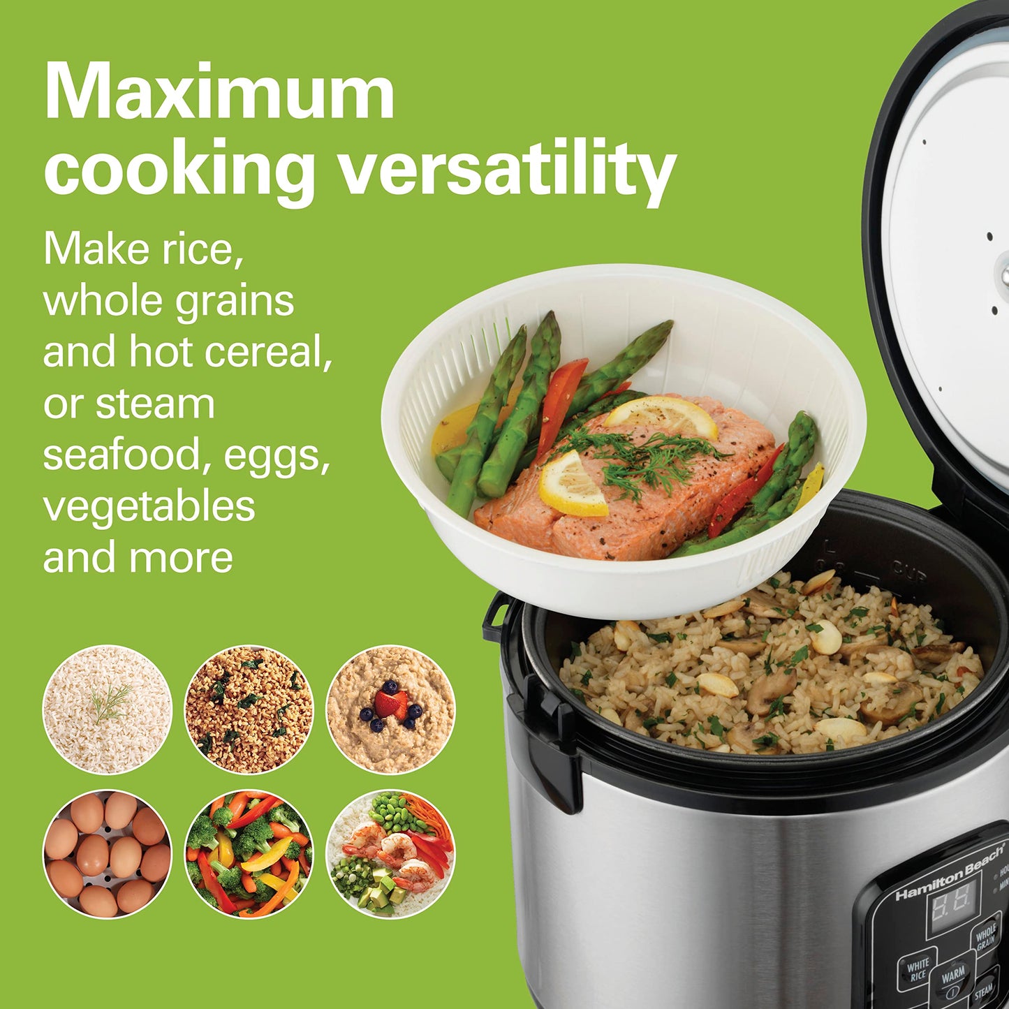 Hamilton Beach Digital Programmable Rice Cooker & Food Steamer, 8 Cups Cooked (4 Uncooked), With Steam & Rinse Basket, Stainless Steel (37518)