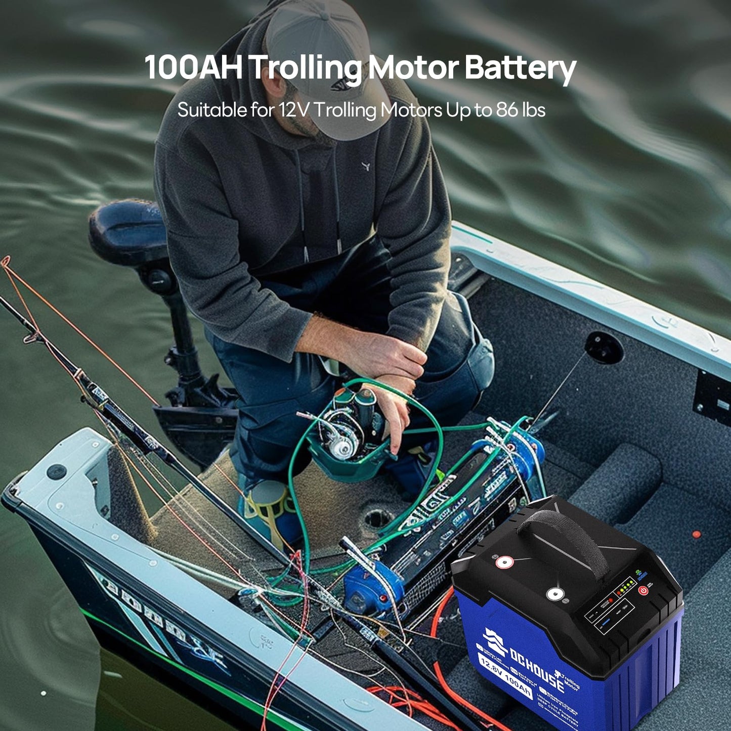 DC HOUSE 12V 100Ah Portable Lithium Battery, Upgraded 2.0 Lifepo4 Battery with SOC Light, Trolling Motor Marine Battery with USB-A, DC, USB-C Ports, Built-in 100A BMS, Up to 15000 Cycles