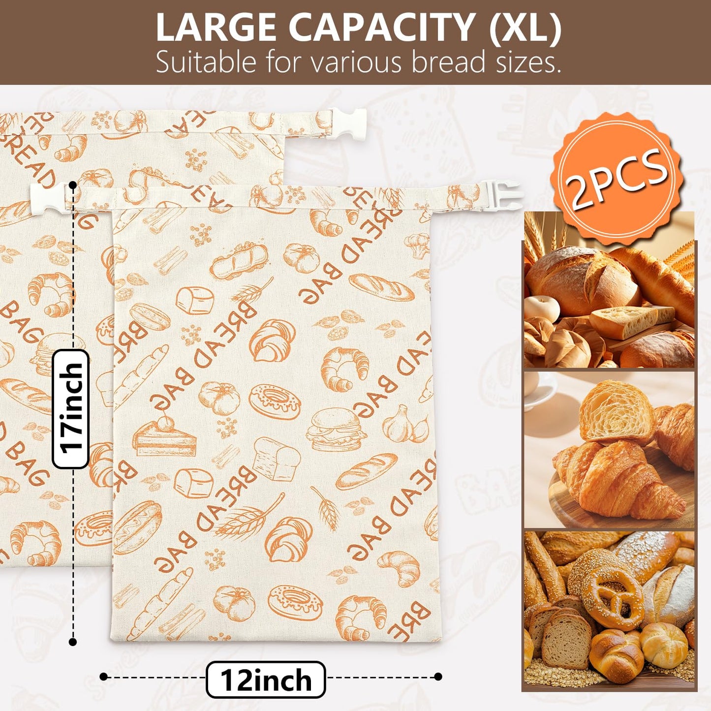 Reusable Beeswax Bread Bags(2 Pack), Beeswax Bags for Sourdough/Homemade Bread, Natural Cotton Bees Wax Bag, Fresh and Refrigerable, New Upgrade Food Storage Bag, Large Capacity and Portable