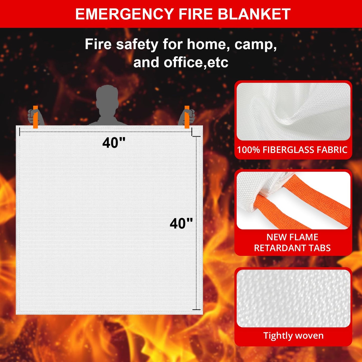 SecuCaptain Emergency Fire Blanket for Home and Kitchen - 2 Pack 40"x40" Flame Suppression Fiberglass Fire Blankets for House Camping Car Office Warehouse Emergency Survival Safety