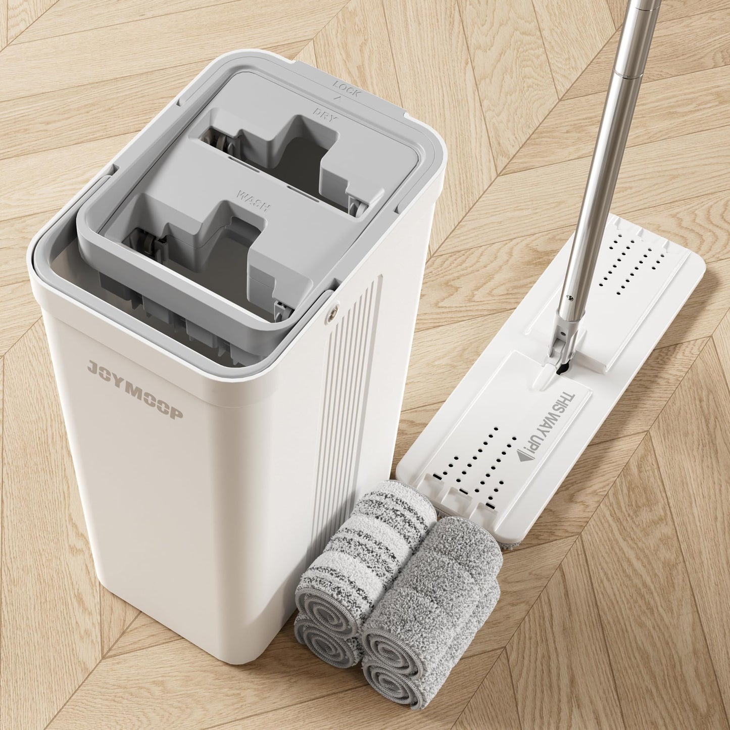 JOYMOOP Mop and Bucket Set with Wringer, Flat Mops for Floor Cleaning, Wall Mop Cleaner with Long Handle, Hardwood Floor Mop with 4 Microfiber Pads