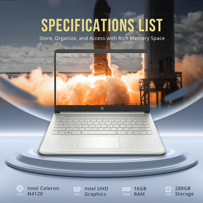 HP Stream 14" HD BrightView Laptop, Intel Celeron N4120, 16GB RAM, 288GB Storage (128GB eMMC + 160GB SSD Docking Station Set), Intel UHD Graphics, HD Webcam, Wi-Fi, 1 Year Office 365, Win 11 S, Silver