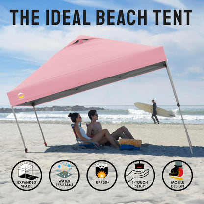 CROWN SHADES 10x10 Pop Up Canopy - Beach Tent with One Push Setup - Easy Outdoor Sun Shade for Events, Parties, Camping - Gazebo with STO-N-Go Cover Bag, Silver Coated Top, Pink