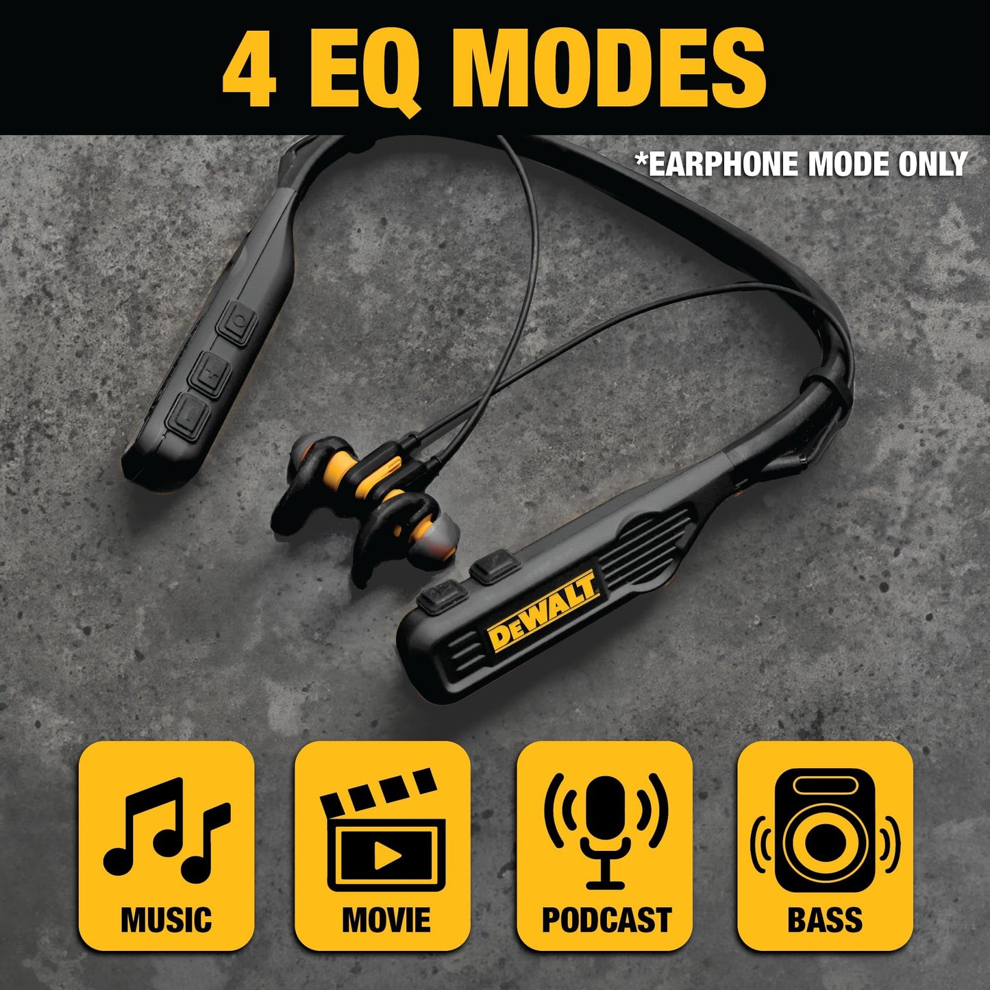 DEWALT Heavy Duty Black Edition 2-in-1 Neckband Bluetooth Headphones w/Built-in Speakers, Jobsite Wearable Speaker & Around Neck, Wireless Headset, 60+ Hrs Hands-Free Music & Calls, Carry Pouch