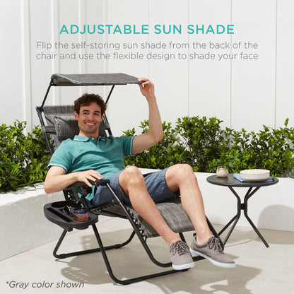 Best Choice Products Folding Zero Gravity Outdoor Recliner Patio Lounge Chair w/Adjustable Canopy Shade, Headrest, Side Accessory Tray, Textilene Mesh - Crimson Red