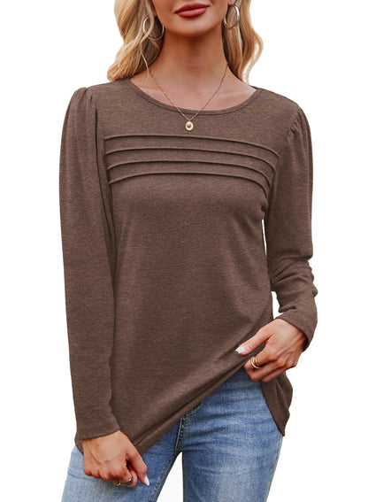 OFEEFAN Tunics or Tops to Wear with Leggings Long Sleeve Shirts Fall Womens Blouses Dressy Casual Pleated Front Coffee S