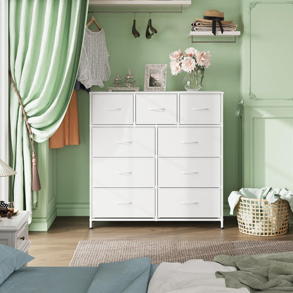 WLIVE 9-Drawer Dresser, Fabric Storage Tower for Bedroom, Hallway, Closet, Tall Chest Organizer Unit for Bedroom with Fabric Bins, Steel Frame, Wood Top, Easy Pull Handle, White