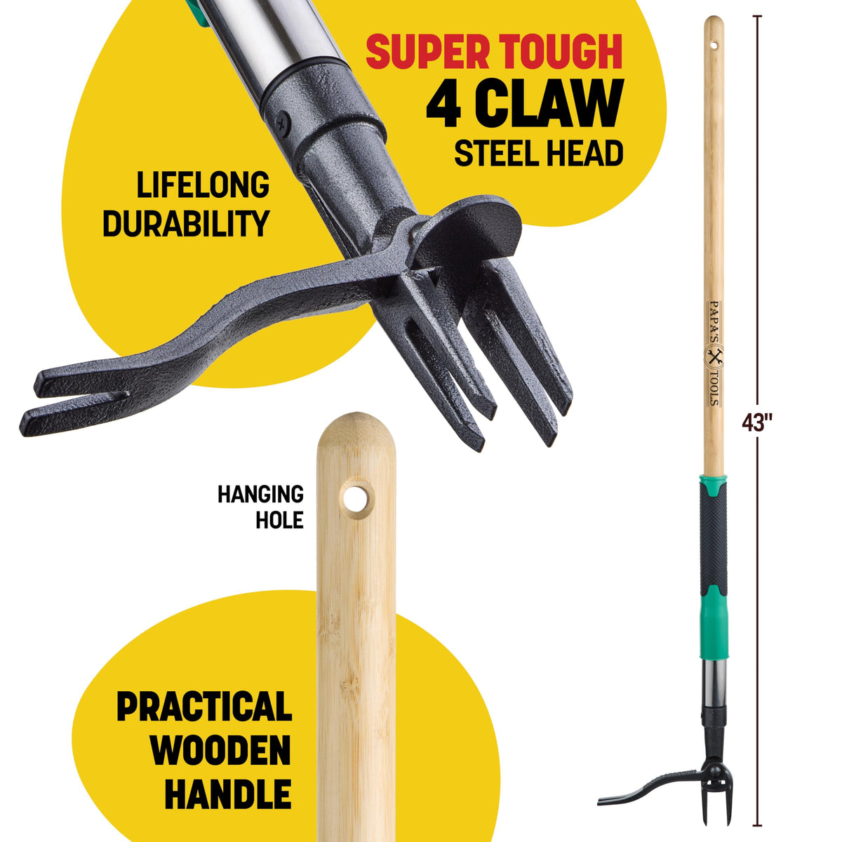 Papa's Tools Weed Puller Tool, 44" Stand Up Weeder Garden Tools & 4 Claw Steel Head, Dual Weed Eject Tech. Made With Real Bamboo & Long Wooden Handle, Yard Weeding Remover For Gardening Men & Women