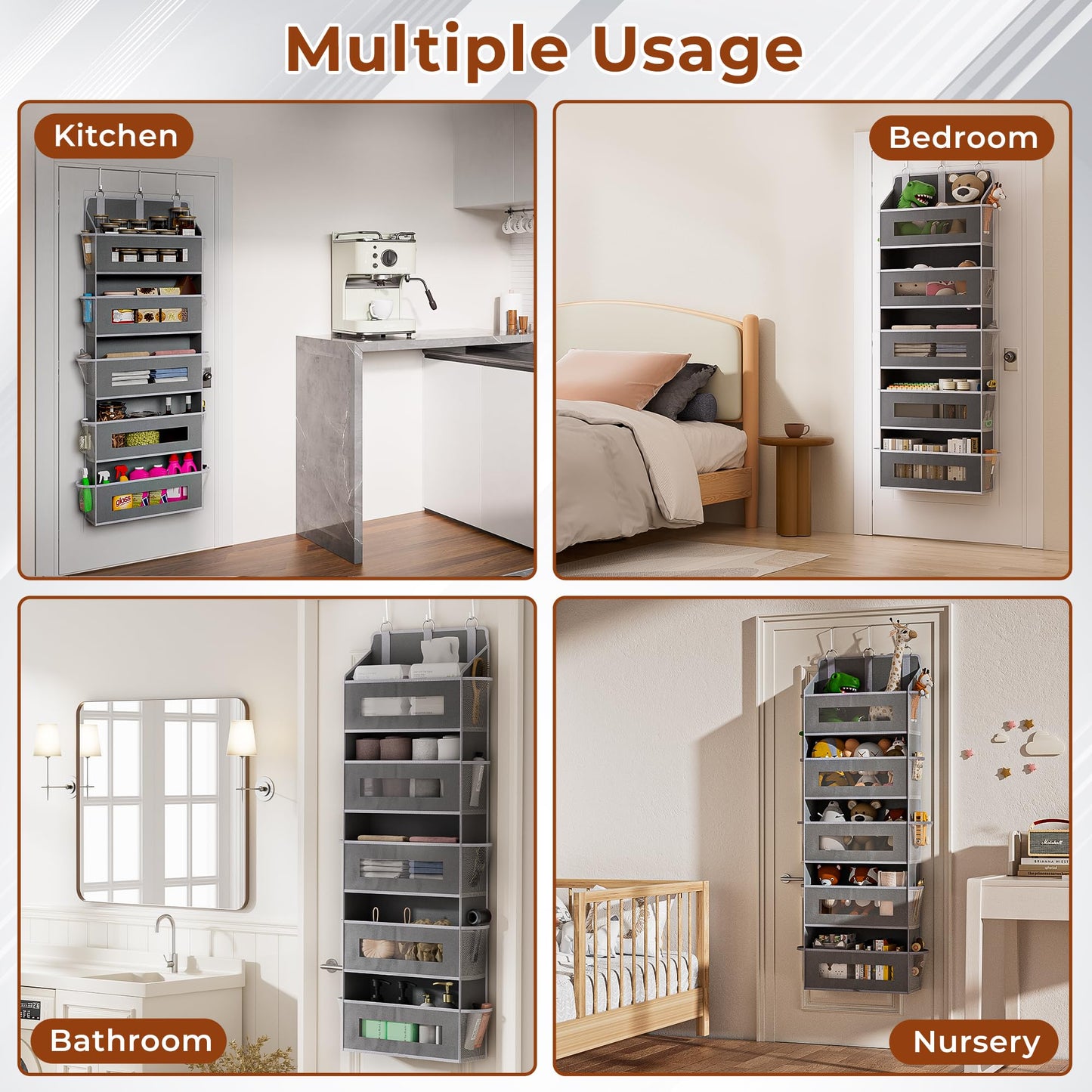 2 Packs 5-Tier Over the Door Organizer with 10 Side Mesh Pockets, 48 lbs Load Capacity, 3 Hooks Design, Hanging Storage Organizer with Clear Windows for Bathroom, Bedroom, Nursery, Kitchen-Grey