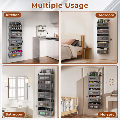 2 Packs 5-Tier Over the Door Organizer with 10 Side Mesh Pockets, 48 lbs Load Capacity, 3 Hooks Design, Hanging Storage Organizer with Clear Windows for Bathroom, Bedroom, Nursery, Kitchen-Grey