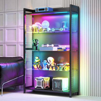 MOTPK Display Cabinet with LED Lights, Display Case with Glass Storage Shelves, 4-Tiers Curio Cabinet for Collectibles, Display Shelf Carbon Fiber Texture Black 32inch