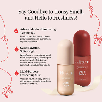 Kitsch Hair Perfume for Women- Warm Sugar and Oak & Amber | Clean, Deodorizing & Patented Odor-Eliminating Technology Hair Spray & Body Mist- Freshen Hair, Pillows | Ideal Gifts for Women - 50mL, 2pcs