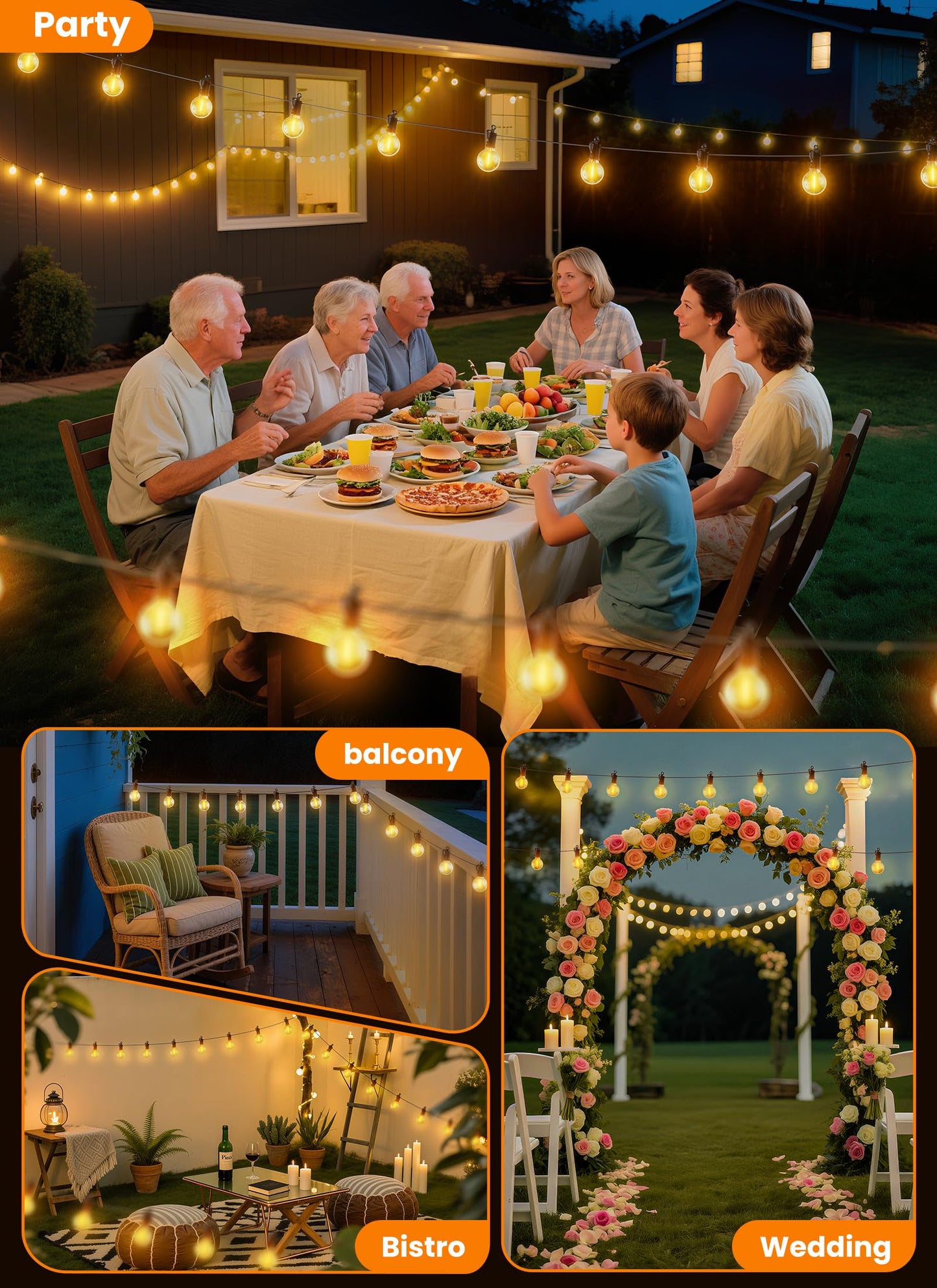SmartDawn Outdoor String Patio Lights 100FT 50 LED String Lights Waterproof Connectable Shatterproof Hanging Outside Light Backyard Porch Deck Balcony Garden Yard Decor Lighting Edison Bulbs 2200K