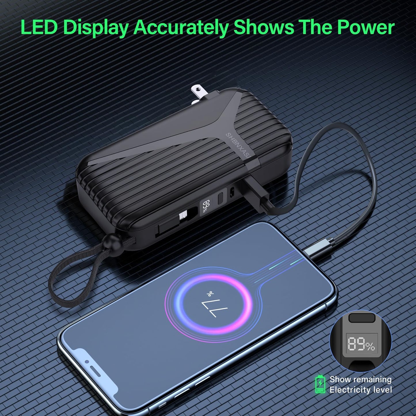 Portable Charger with Built in Cable and AC Wall Plug,10000 mAh External Battery Power Bank, LED Display 4 Outputs 2 Inputs, Travel Phone Charger Battery Pack for iPhone 16 15 14 13 Samsung iPad