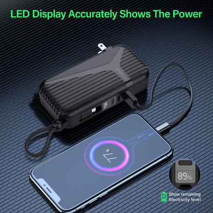 Portable Charger with Built in Cable and AC Wall Plug,10000 mAh External Battery Power Bank, LED Display 4 Outputs 2 Inputs, Travel Phone Charger Battery Pack for iPhone 16 15 14 13 Samsung iPad