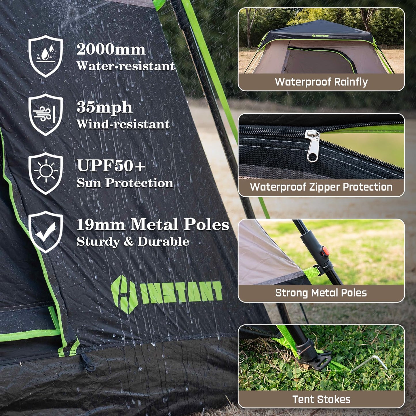HINSTANT 4/6/8 Person Instant Tent, Waterproof Pop Up Tents for Camping with Rainfly, 60 Seconds Easy Setup, Automatic Cabin Tent for Family Camping with Expandable Carry Bag & Upgraded Ventilation