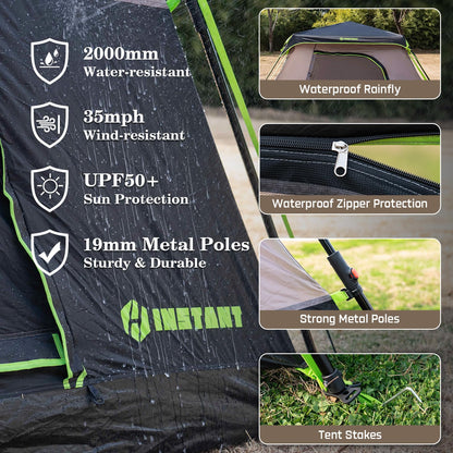 HINSTANT 4/6/8 Person Instant Tent, Waterproof Pop Up Tents for Camping with Rainfly, 60 Seconds Easy Setup, Automatic Cabin Tent for Family Camping with Expandable Carry Bag & Upgraded Ventilation
