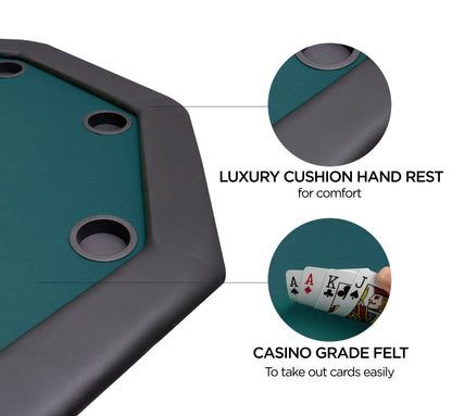 ZivPlay Poker Table Foldable 8 Player Octagon Texas Holdem Table with Folding Legs Casino Grade Felt Water Resistant Cushioned Armrest and 8 Cup Holders for Playing Card Game Gambling 48 Inch Green