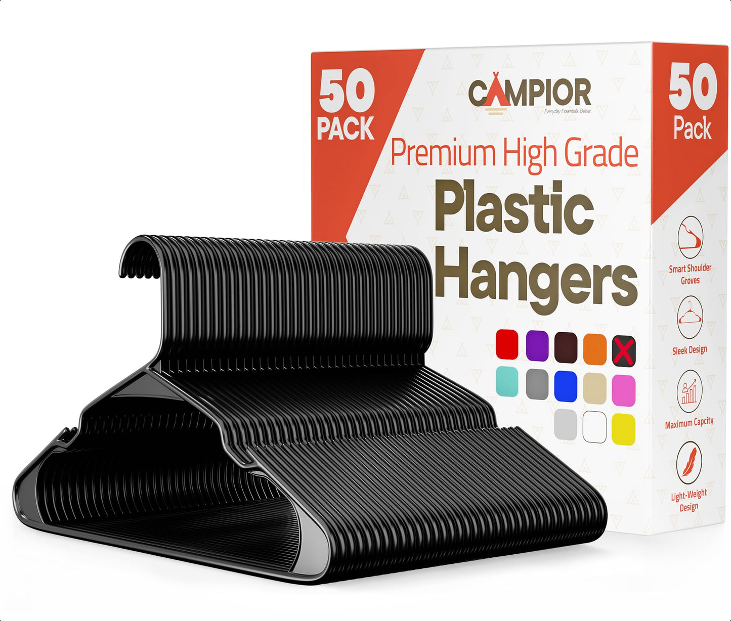 Black Plastic Hangers 50 Pack– Heavy-Duty Plastic Hangers Slim and Space-Saving, Durable and Lightweight PP with Non-Slip Shoulder Notches for Slip Dresses, Suits, Jackets & Camisoles