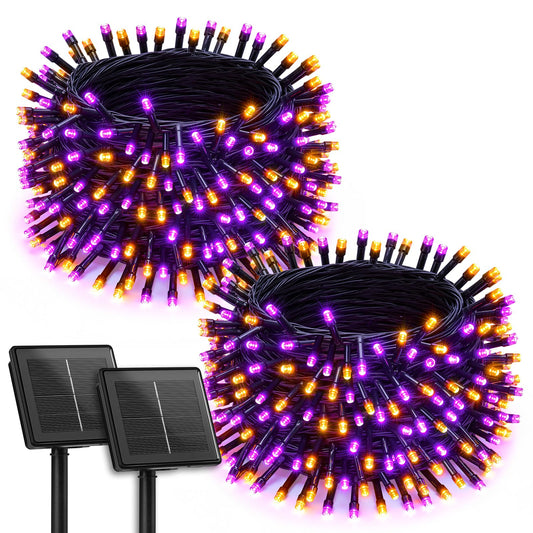 Brightown 2 Pack Halloween Solar String Lights Outdoor, Total 144Ft 400 LED Twinkle Fairy Lights Waterproof with 8 Modes Auto On/Off for Patio Tree Garden Party Home Decorations (Orange&Purple)