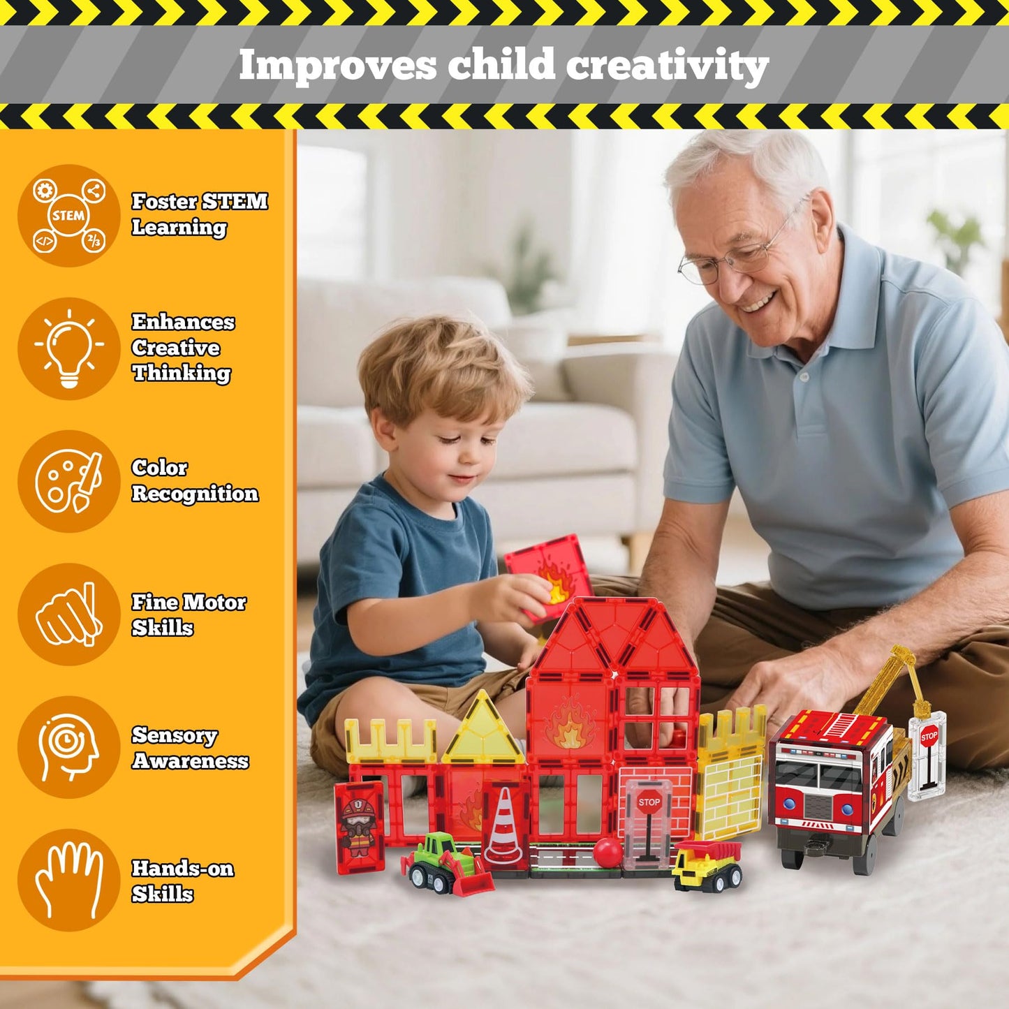 Magnetic Tiles for Kid, Construction Magnet Tiles with Fire Truck & Station, Building, Road, Crane, and Car Toys - Educational Travel Magnetic Tiles for Kids Ages 4-8, STEM Toys for 3+ Year Old
