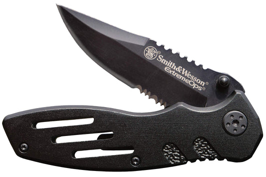 Smith & Wesson Accessories Extreme Ops SWA24S 7.1in S.S. Folding Knife with 3.1in Serrated Clip Point Blade and Aluminum Handle for Outdoor, Tactical, Survival and EDC