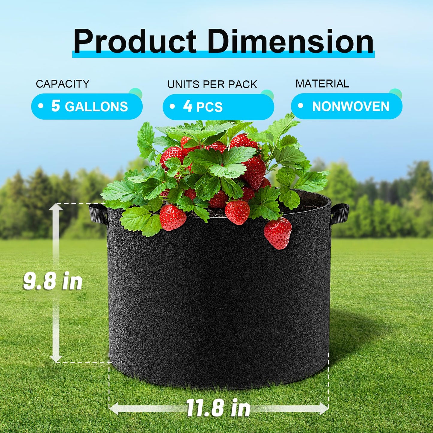 Land Guard 4-Pack Fabric Grow Bags 5 Gallon, 300G Thickened Nonwoven Plant Grow Bags, Grow Pots for Plants, Growing Bags with Handles, Planting Bags for Vegetables, Black
