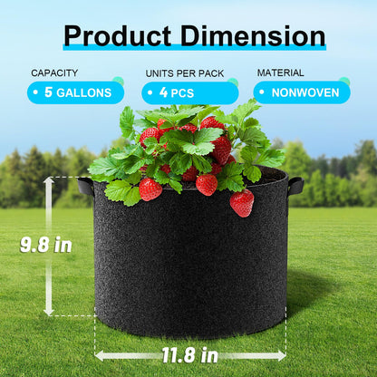 Land Guard 4-Pack Fabric Grow Bags 5 Gallon, 300G Thickened Nonwoven Plant Grow Bags, Grow Pots for Plants, Growing Bags with Handles, Planting Bags for Vegetables, Black