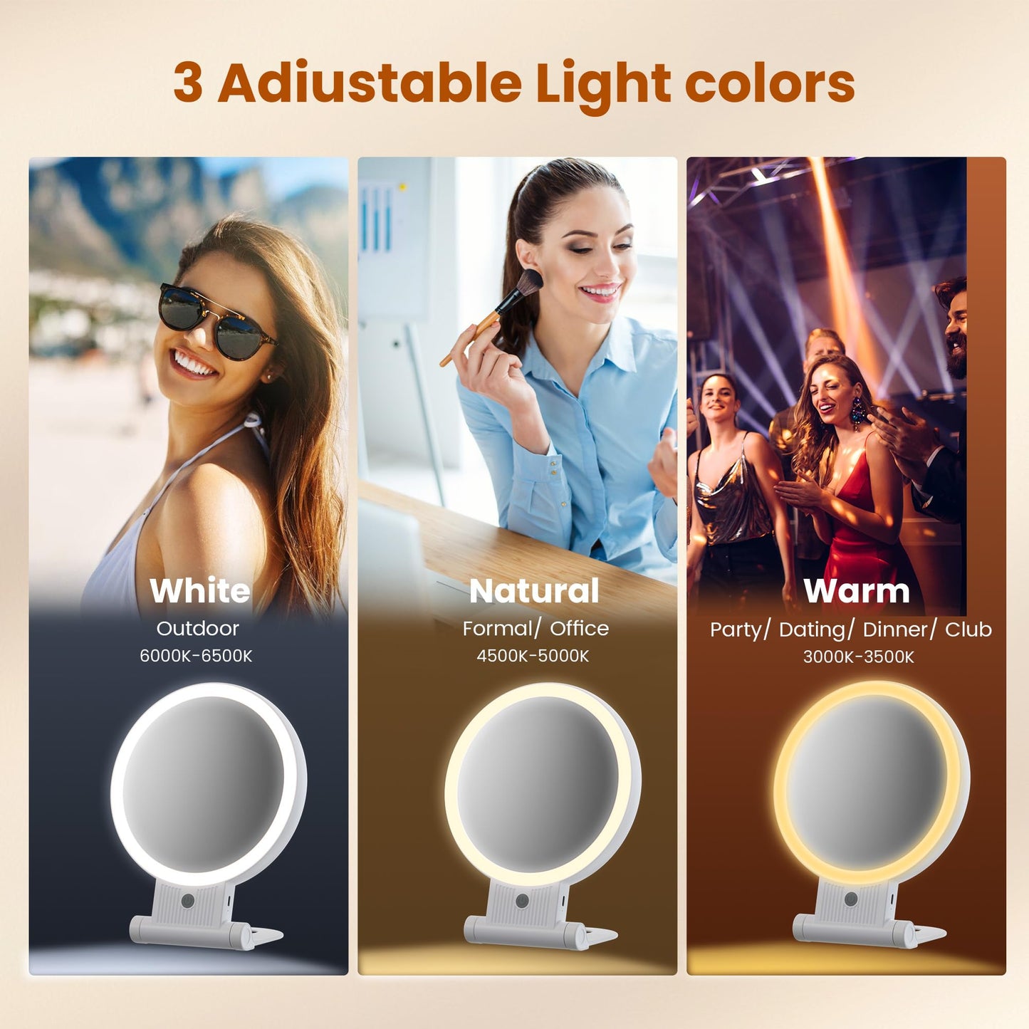 tubbede 1X/30X Lighted Makeup Mirror with Magnification, Double-Sided Switch, 3-Color Lights, 2000mAh Rechargeable, Adjustable Brightness for Vanity Table or Bathroom (Grey)