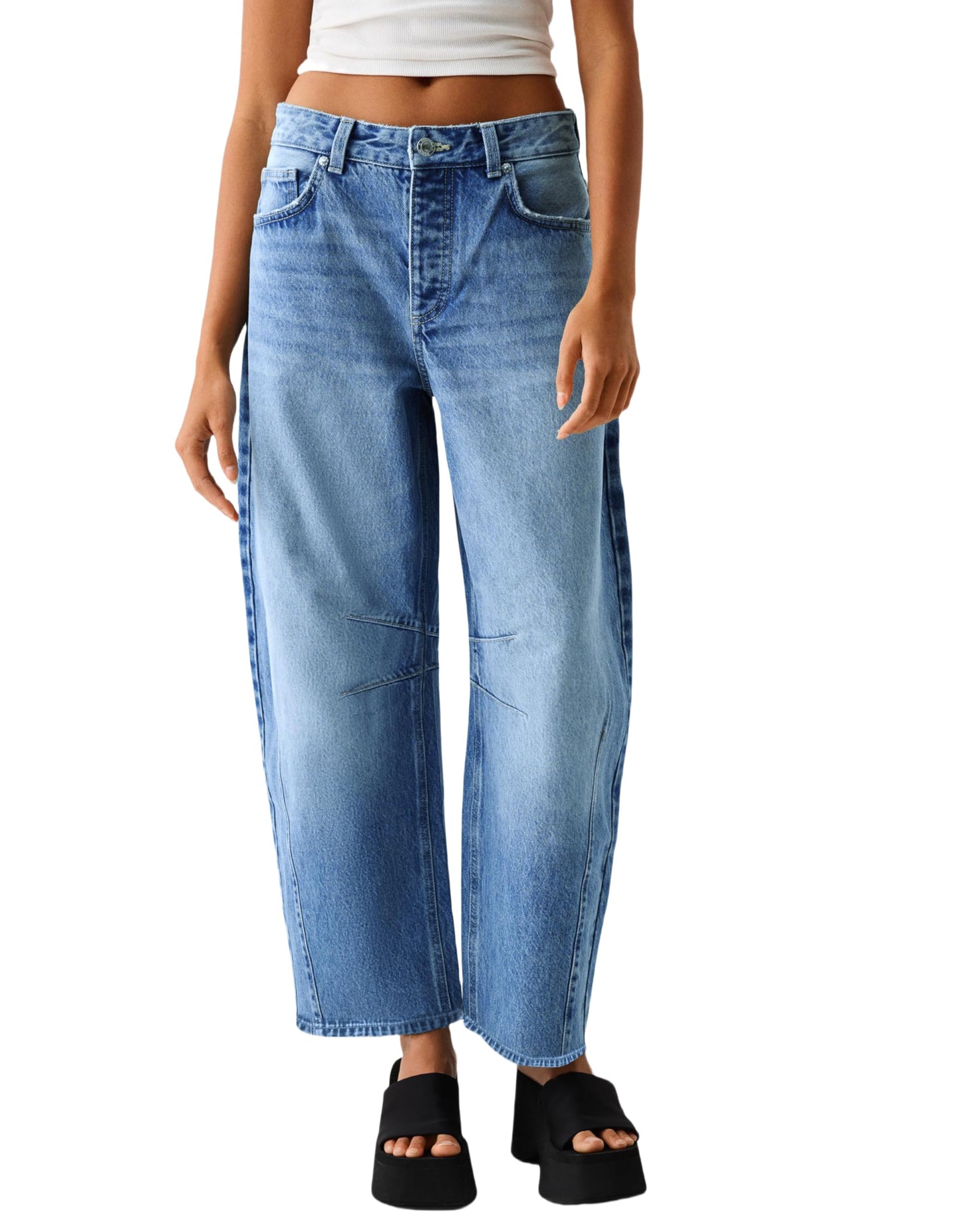 Allimy Womens Jeans High Waisted Mid Rise Baggy Loose Fit Ankle Barrel Leg Y2K Boyfriend Horseshoe Cropped Wide Leg Jeans for Women Trendy 2025 Denim Capri Pants Women Navy Blue Size 8