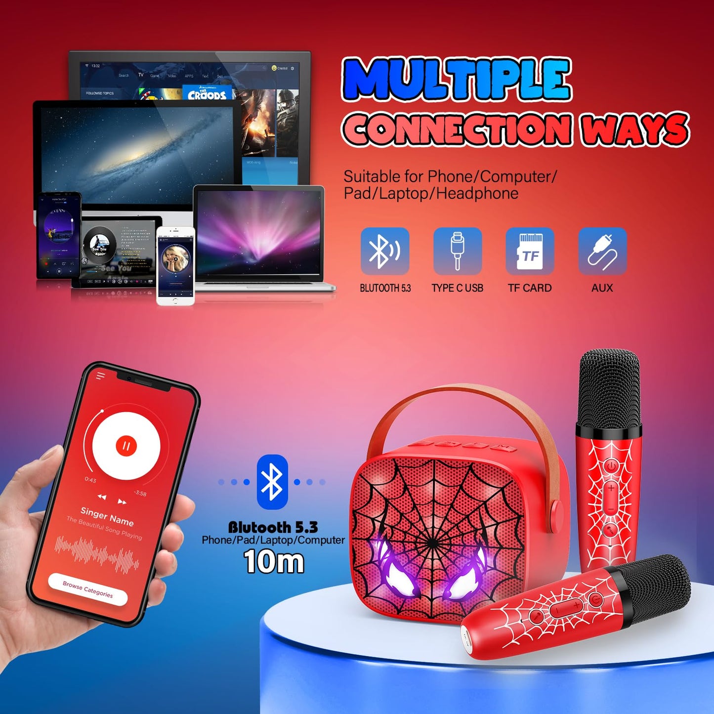 Mini Karaoke Machine Toys Gifts: Kids Toys Easter Birthday Gifts for 4 5 6 7 8 9 Years Old Girl Boy LED Portable Bluetooth Speaker with 2 Wireless Microphone Girl Boy Kid Adult Gift Toy Age 3-12+