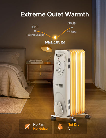 PELONIS Radiator Heater for Large Space, Electric Oil Filled Radiator, Dual Knobs, 1500W, Quiet Space Heater, 3 Modes, Tip-over Protection