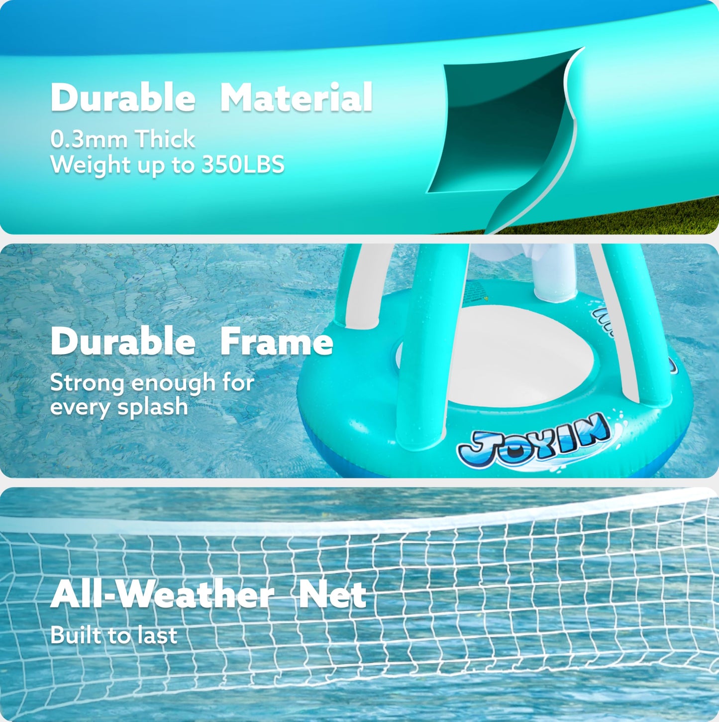 JOYIN Inflatable Pool Float Set Volleyball Net & Basketball Hoops, Floating Swimming Game Toy for Kids and Adults, Summer Floaties, Volleyball Court (105”x28”x35”)|Basketball (27”x23”x27”),L-Blue