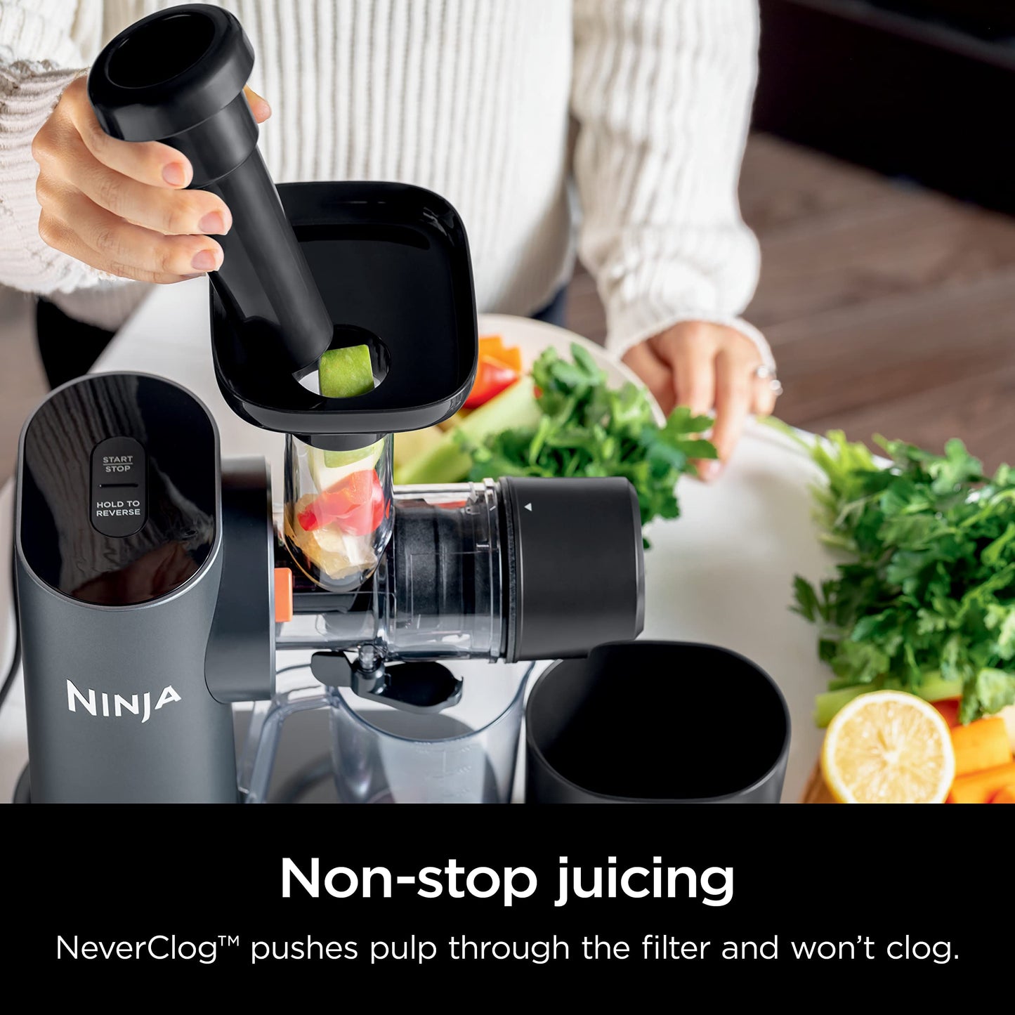 Ninja NeverClog Cold Press Juicer, Powerful Slow Juicer with Total Pulp Control, Countertop, Electric, 2 Pulp Functions, Dishwasher Safe, 2nd Generation, Charcoal, JC151