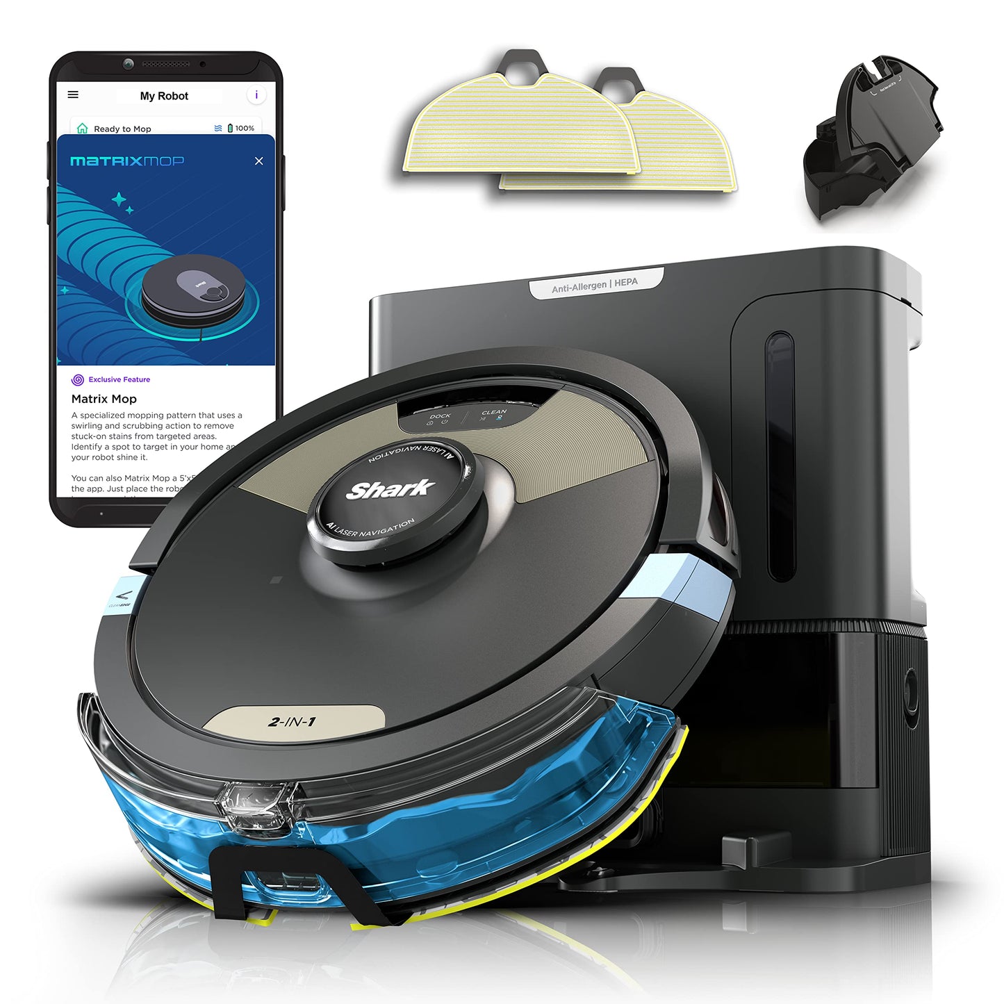 Shark Robot Vacuum & Mop Combo, Powerful Suction, Matrix Plus, 60-Day Debris Capacity, HEPA Bagless Self Empty Base, Sonic Mopping, Home Mapping for Pet Hair, Carpets & Hardfloor, Black/Gold, AV2610WA