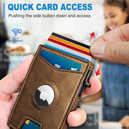 miyozi Airtag Wallet for Men,with Money Clip Gift Boxed,Slim Front Pocket Wallet RFID Blocking Metal Case Smart Pop-up Credit Card Holder in Magnetic Leather Flip
