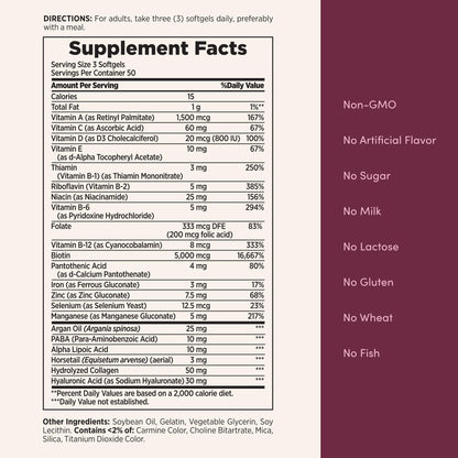 Nature's Bounty Advanced Hair, Skin & Nails, Argan-Infused Vitamin Supplement with Biotin and Hyaluronic Acid, 150 Rapid Release Softgels, 50 Total Servings