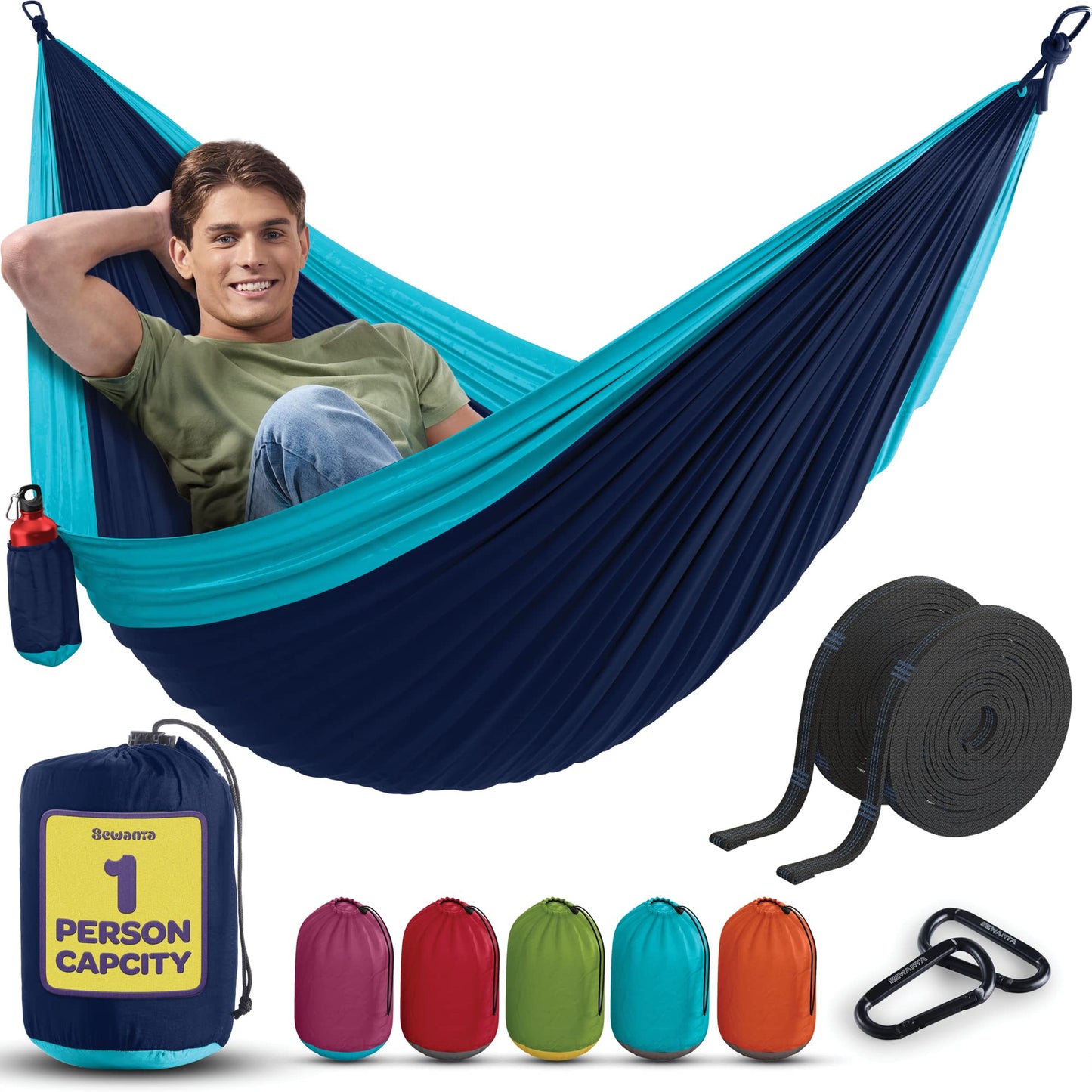 Durable Hammock 400 lb Capacity, Nylon Camping Hammock Chair - Double or Single Sizes w/Tree Straps and Attached Carry Bag - Portable for Travel/Backpacking/Beach/Backyard (Medium, Blue & Light Blue)