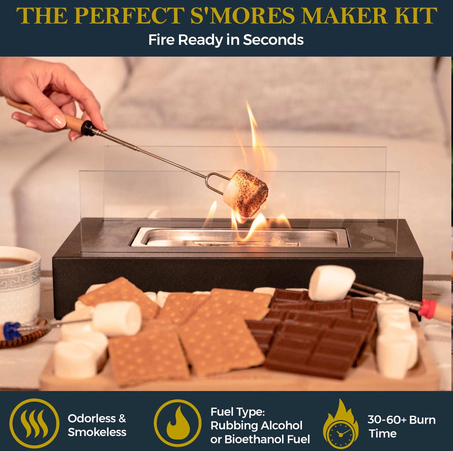 ROZATO Tabletop Fire Pit with Smores Maker Kit Portable Indoor/Outdoor Mini Small Fireplace Table Top Decor Home Patio Balcony Gifts for Women Mom Her Wedding Housewarming Mothers Day Birthday Gift