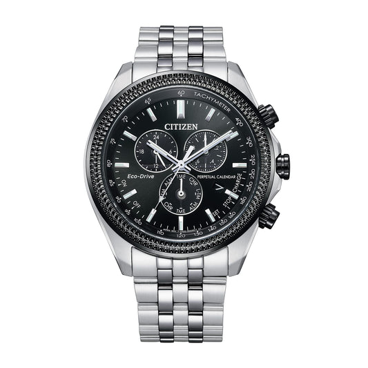 Citizen Men's Eco-Drive Classic Chronograph Watch in Stainless Steel with Perpetual Calendar, Tachymeter, Black Dial