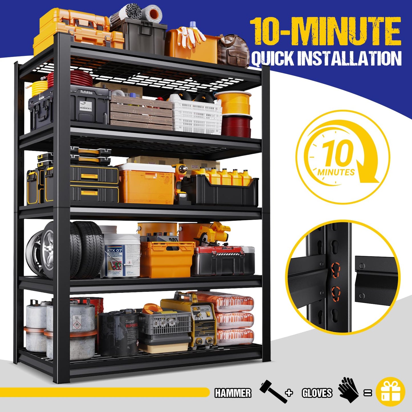 AOAORGG 71" H Garage Shelving 5-Tier Heavy Duty Storage Shelves, Tool-Free Adjustable Metal Shelf Unit, Utility Organizer Rack for Basement, Pantry, Kitchen, Warehouse, 15.7" Dx35.4 Wx71 H, Black