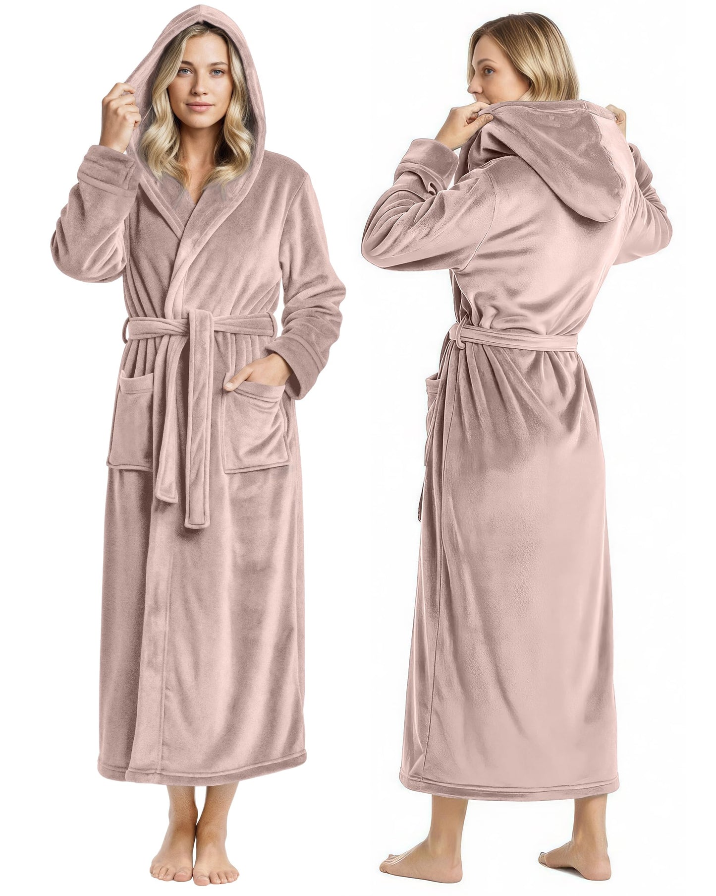 NY Threads Premium Womens Robe with Hood, Plush Fleece Long Bath Robe for Women, Fluffy Soft Women's Bathrobe, Large, Taupe