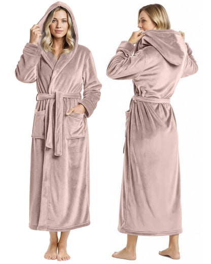 NY Threads Premium Womens Robe with Hood, Plush Fleece Long Bath Robe for Women, Fluffy Soft Women's Bathrobe, Large, Taupe