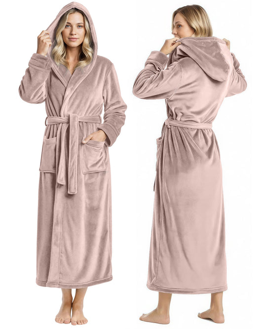 NY Threads Premium Womens Robe with Hood, Plush Fleece Long Bath Robe for Women, Fluffy Soft Women's Bathrobe, Large, Taupe