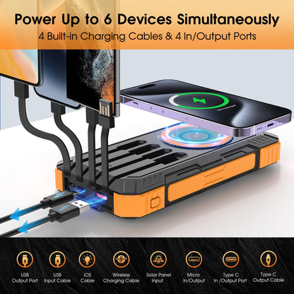 Solar Power Bank,49800mAh Wireless Portable Phone Charger with Built-in 4 Cables,22.5W Fast Charging External Battery Pack PD 3.0 USB-C In/Output for iPhone,iPad,Android,Perfect for Camping, Hiking