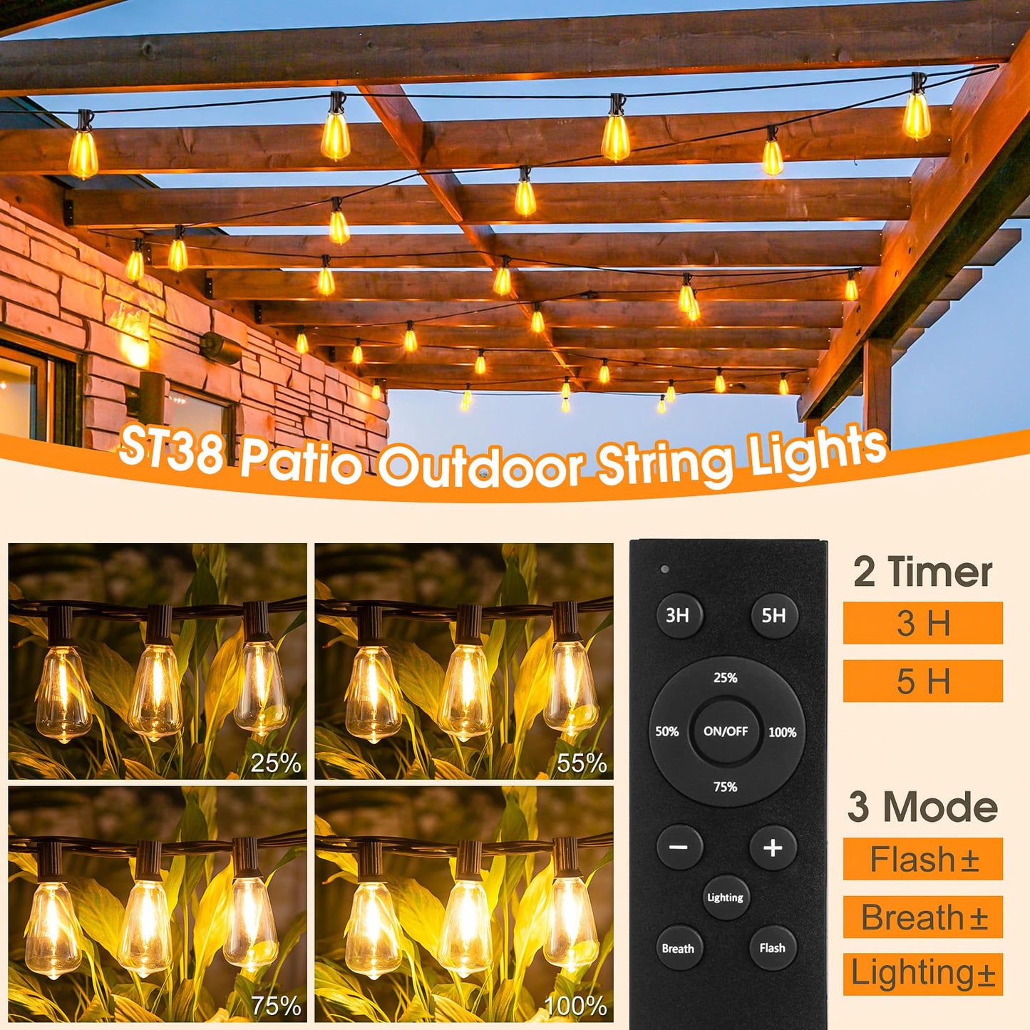 Outdoor String Lights with Remote, 100FT Low Voltage More Safety Waterproof & Shatterproof Hanging Patio Lights with LED Edison Bulbs, Dimmable Timer Outside Lighting for Backyard Balcony Deck