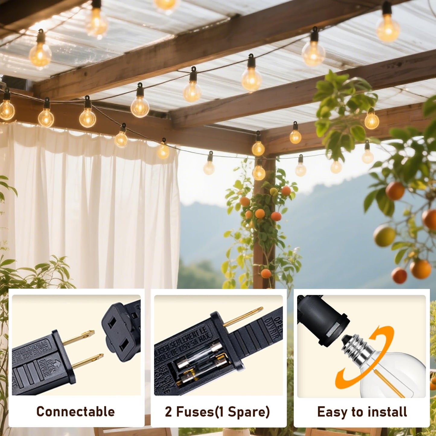 Xingzd 50FT Outdoor String Lights, 25 G40 Edison Golbe Bulbs + 2 Spare, Shatterproof 2700K Warm White Outdoor LED Lights for Patio Garden Backyard Party Decor, E12 Socket Base, Waterproof, Black Wire