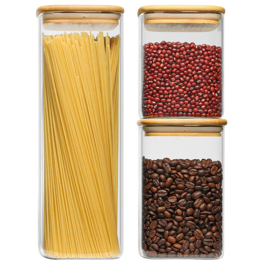 ComSaf Glass Food Storage Containers Set, 3 Pcs Airtight Clear Food Jars with Lids, Square Stackable Kitchen Canisters, Glass Jars for Spaghetti Pasta, Spice, Sugar, Candy, Tea, and Coffee Beans