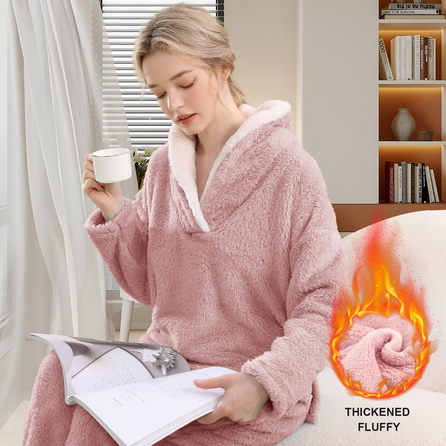 BOSECETA Fluffy Pajamas Set for Women Soft Comfy Fleece Pjs Pullover Pants Loose Plush Sleepwear Fuzzy Loungewear for Winter (Pink, Medium)