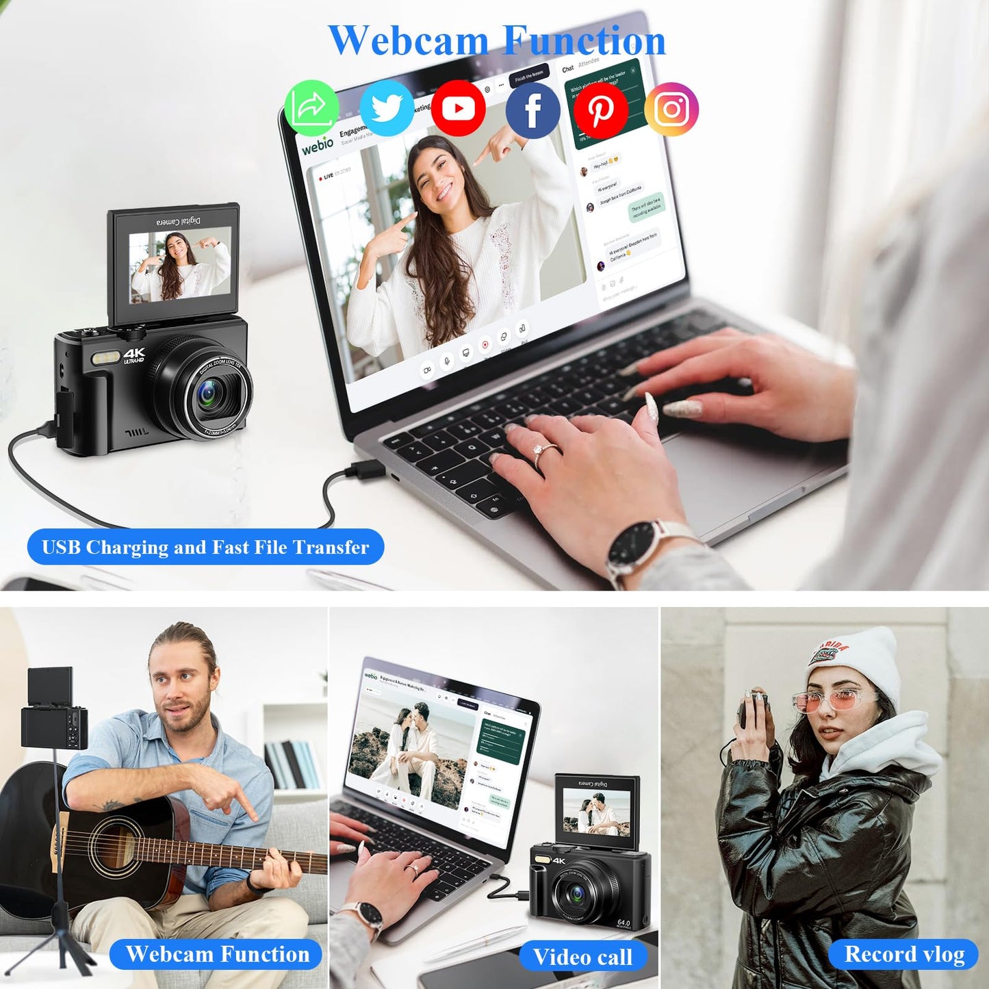 Digital Camera for Photography, WiFi 64MP 4K Vlogging Camera for YouTube, 3" 180° Flip Screen 18X Digital Zoom Compact Vlog Travel Cameras with 32GB TF Card & 2 Batteries, Black